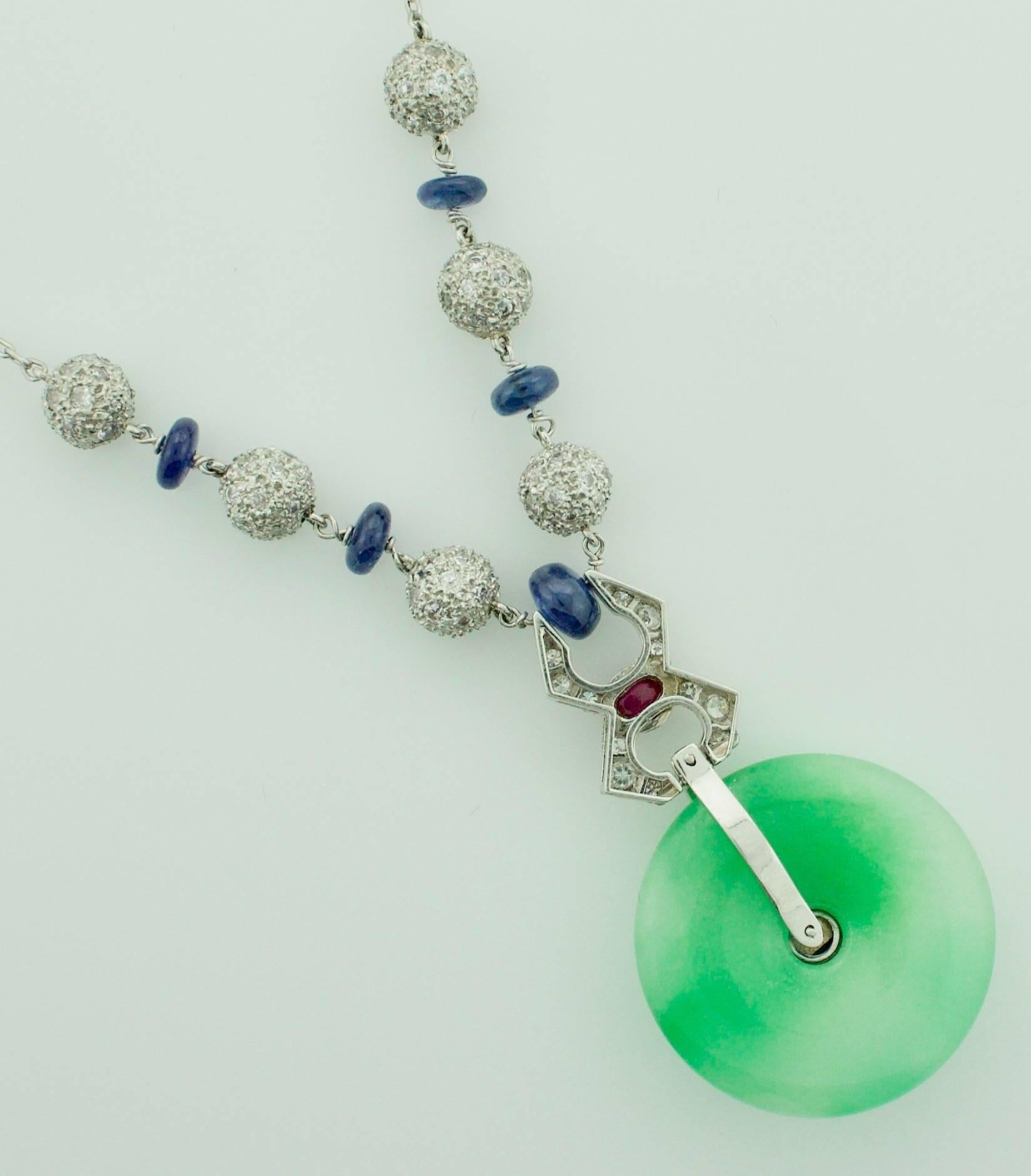 Old European Cut Jadeite, Diamond, Ruby and Sapphire Necklace For Sale