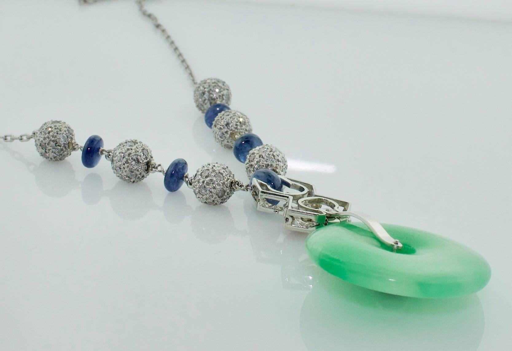 Jadeite, Diamond, Ruby and Sapphire Necklace In Excellent Condition For Sale In Wailea, HI