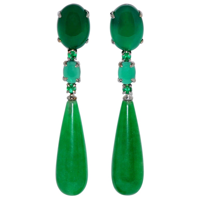 Jades, Agates and Emeralds Black Gold Chandelier Earrings For Sale