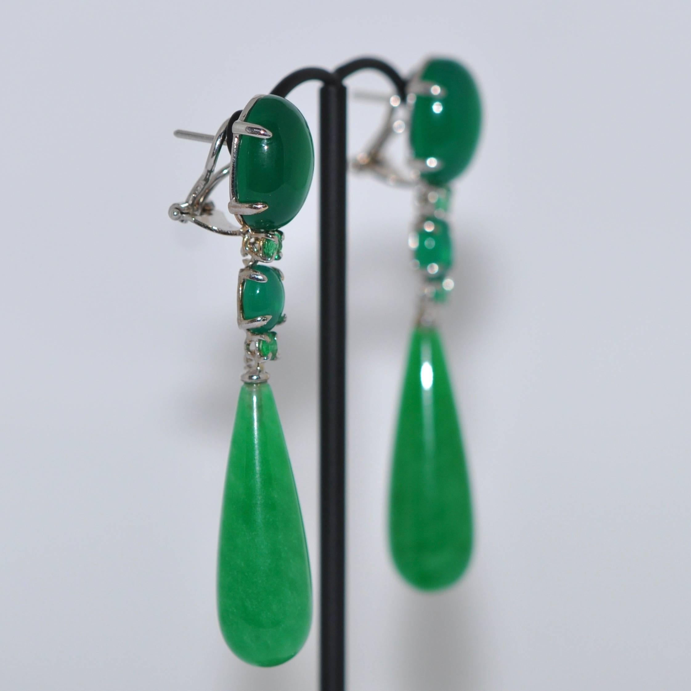 Contemporary Jades, Agates and Emeralds on White Gold Chandelier Earrings