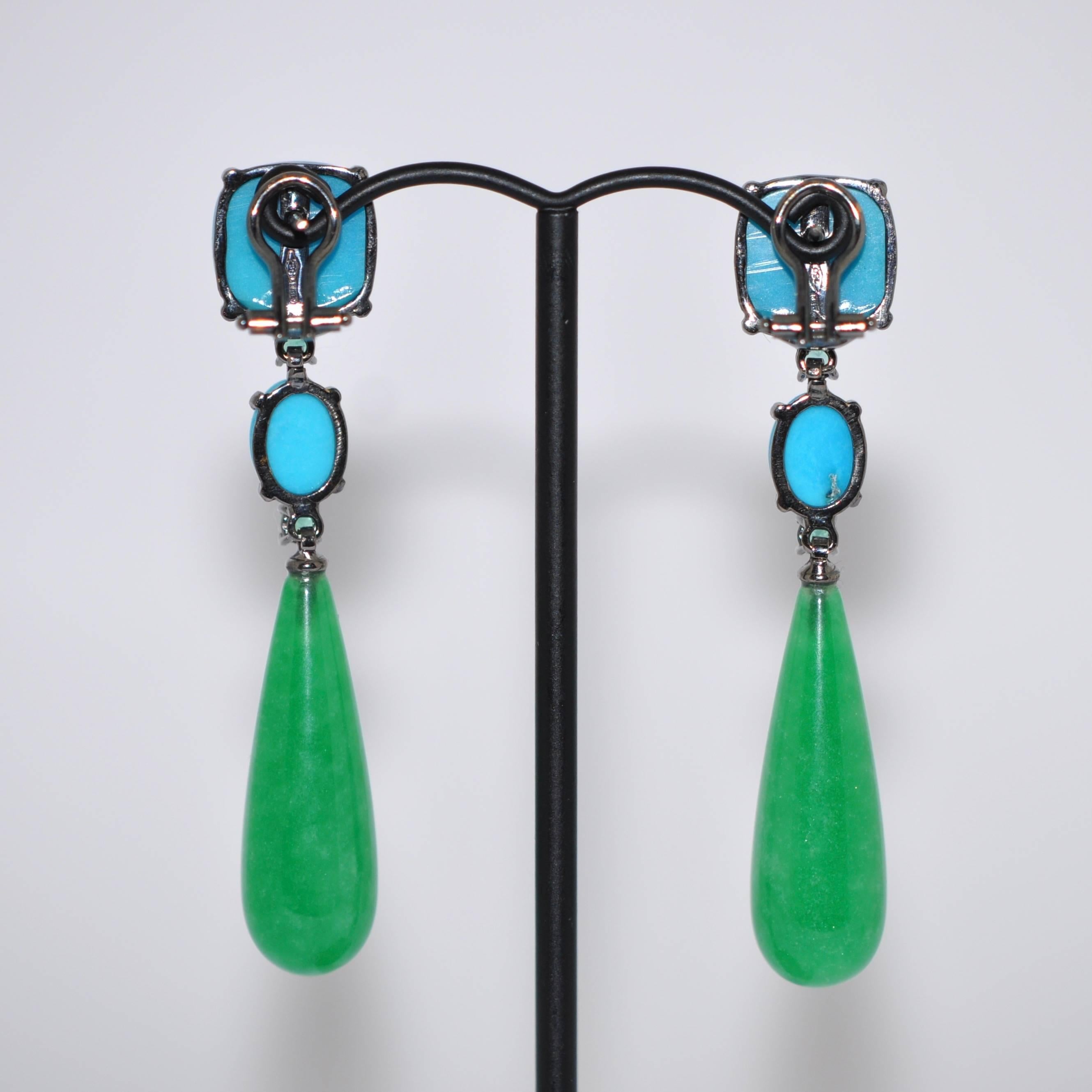 Emerald Cut Jades, Turquoises and Emeralds Black Gold Chandelier Earrings