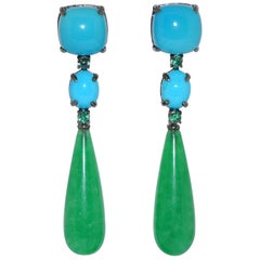 Jades, Turquoises and Emeralds Black Gold Chandelier Earrings