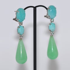 Jades, Amazonites and Sapphires White Gold Chandelier Earrings