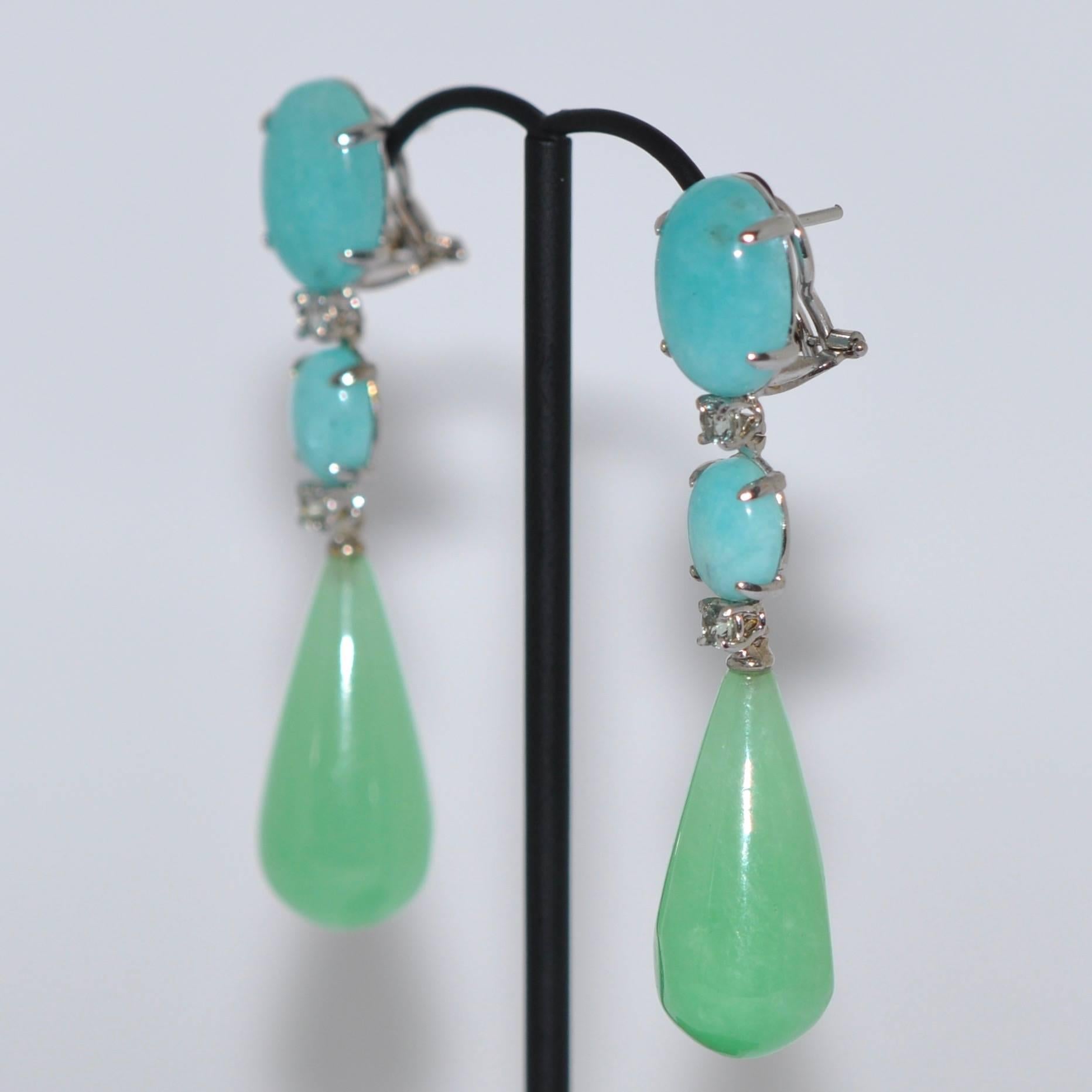 Jades, Amazonites and Sapphires White Gold Chandelier Earrings In New Condition In Vannes, FR