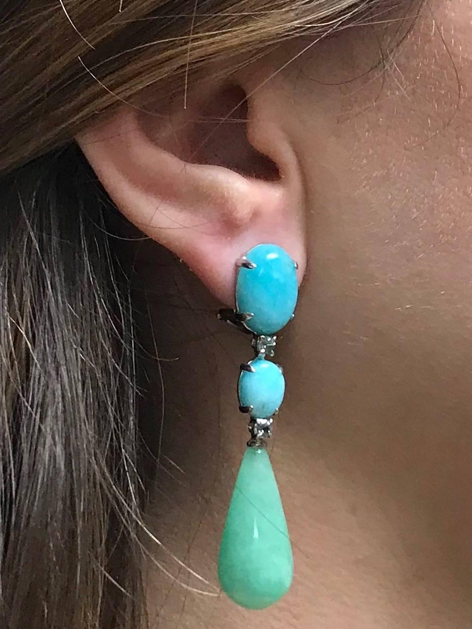 Jades, Amazonites and Sapphires White Gold Chandelier Earrings 3