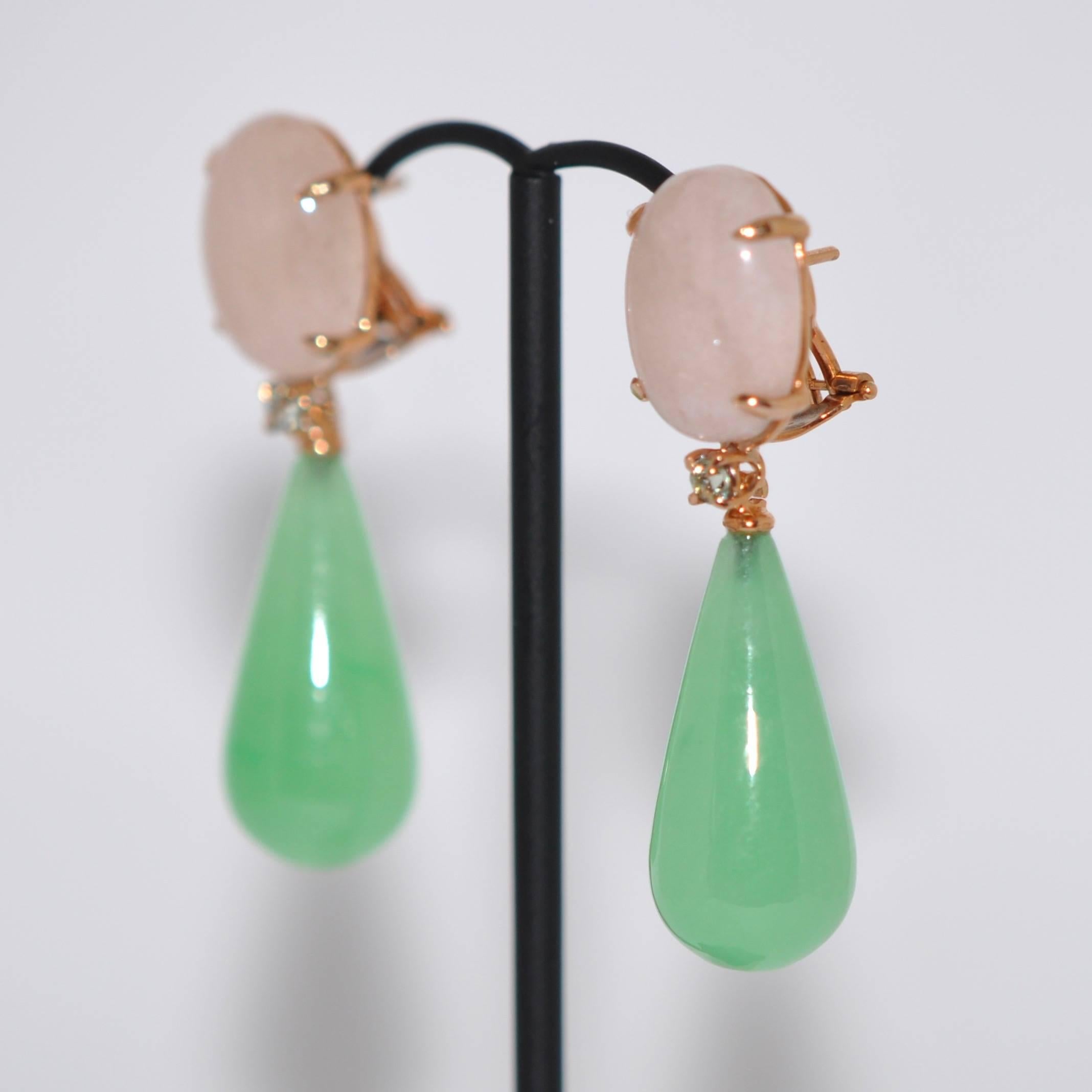 Jades, Morganites and Sapphires Rose Gold Chandelier Earrings In New Condition In Vannes, FR