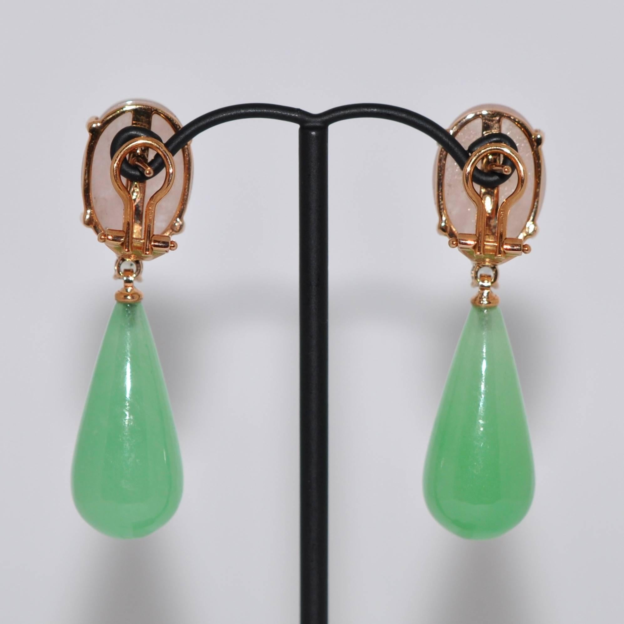 Women's or Men's Jades, Morganites and Sapphires Rose Gold Chandelier Earrings