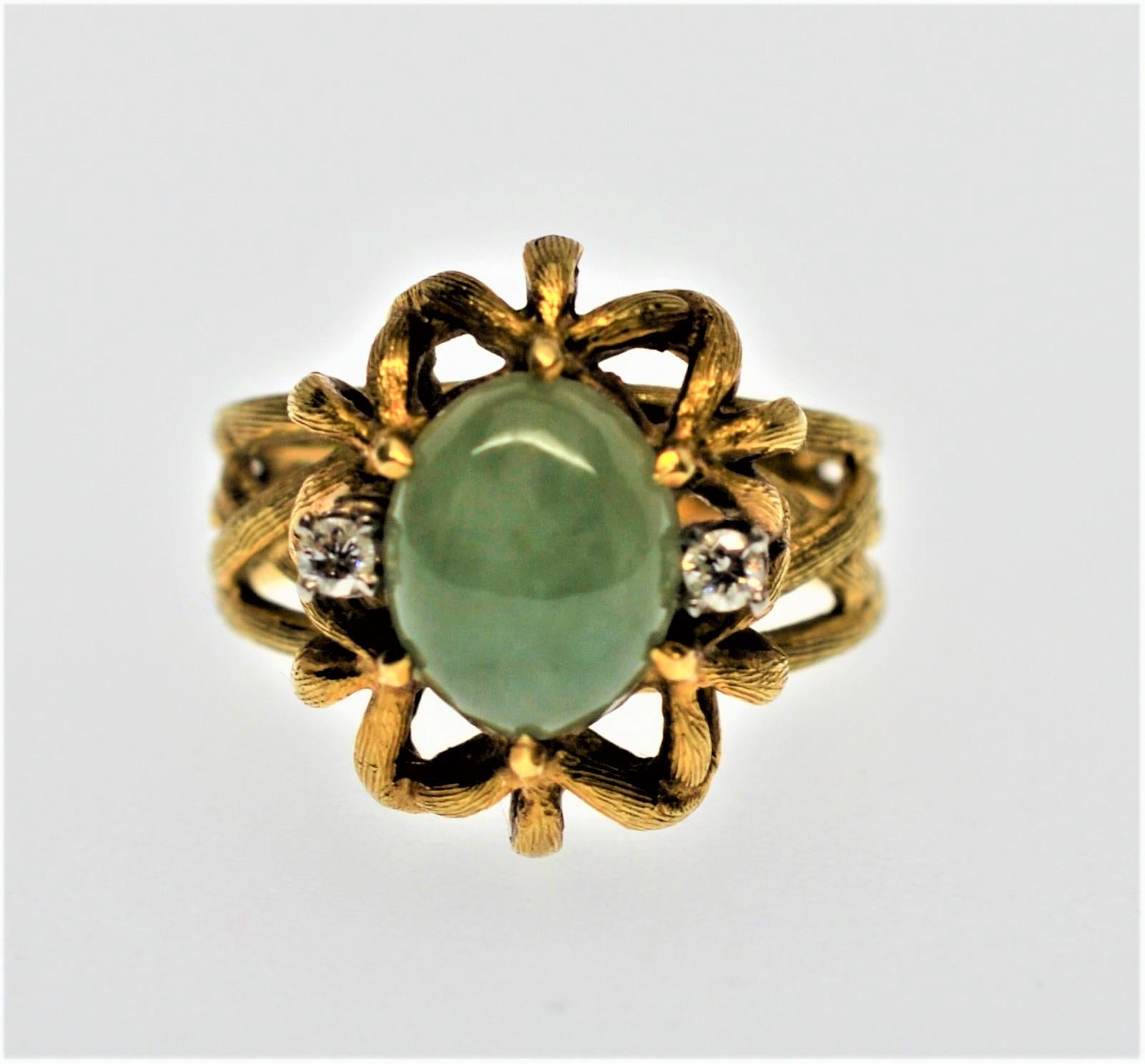  Jadite Cabochon 18 Karat Brushed Yellow Gold Ring with Diamonds  In Excellent Condition In Mount Kisco, NY