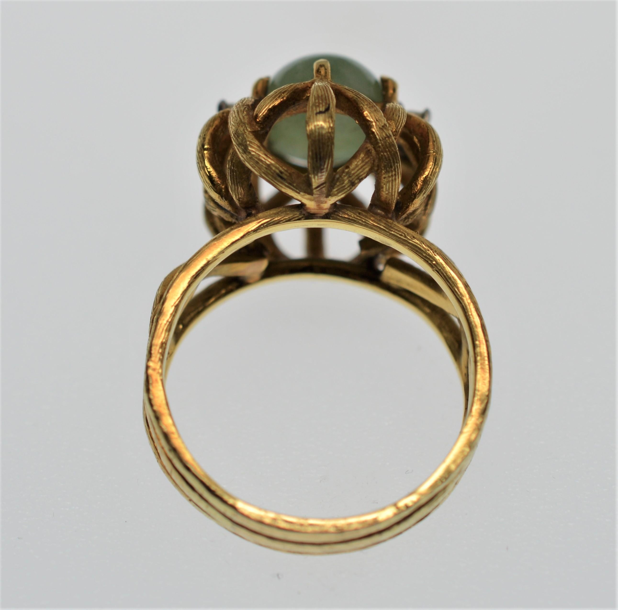 Women's  Jadite Cabochon 18 Karat Brushed Yellow Gold Ring with Diamonds 