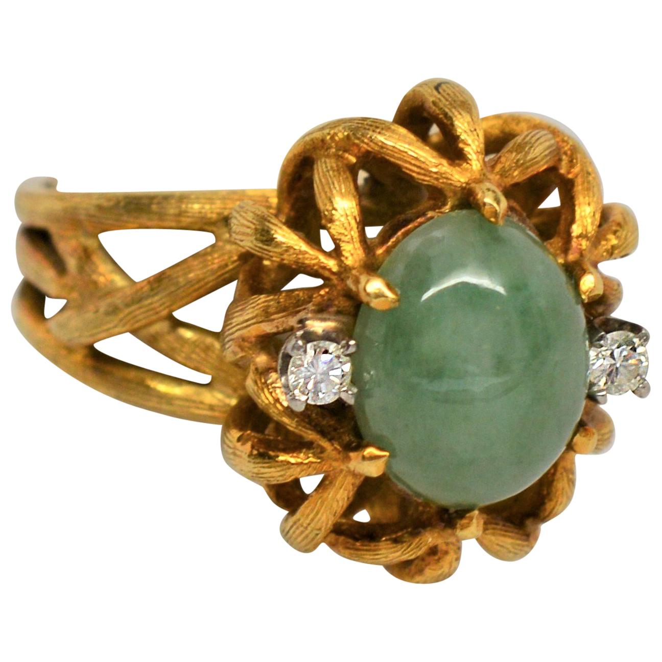  Jadite Cabochon 18 Karat Brushed Yellow Gold Ring with Diamonds 