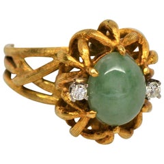 Antique  Jadite Cabochon 18 Karat Brushed Yellow Gold Ring with Diamonds 