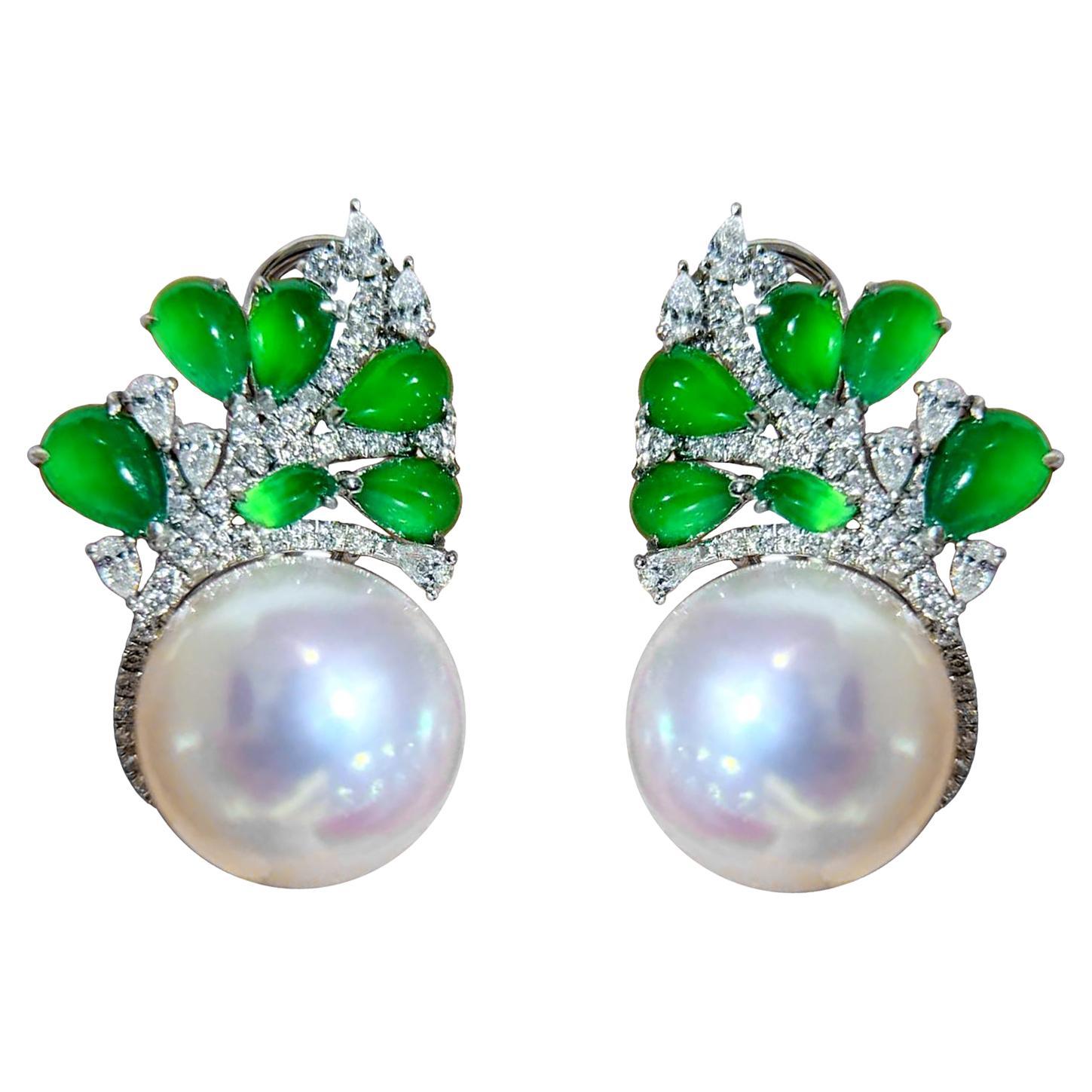 Jādora Orecchini a foglia di giada imperiale con perla dei mari del sud certificata PSL da 12 mm