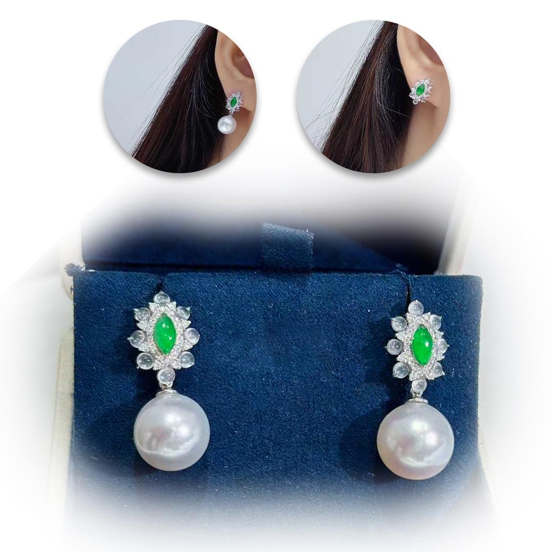 【Jādora】 - Typ A Jadeit & Diamant Südseeperlen Cabrio-Ohrringe (Ungeschliffen) im Angebot