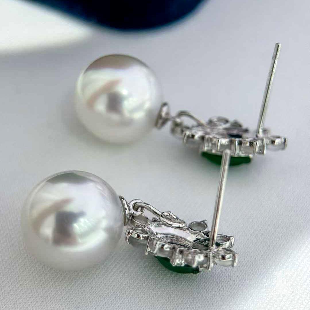 【Jādora】 - Typ A Jadeit & Diamant Südseeperlen Cabrio-Ohrringe im Angebot 4