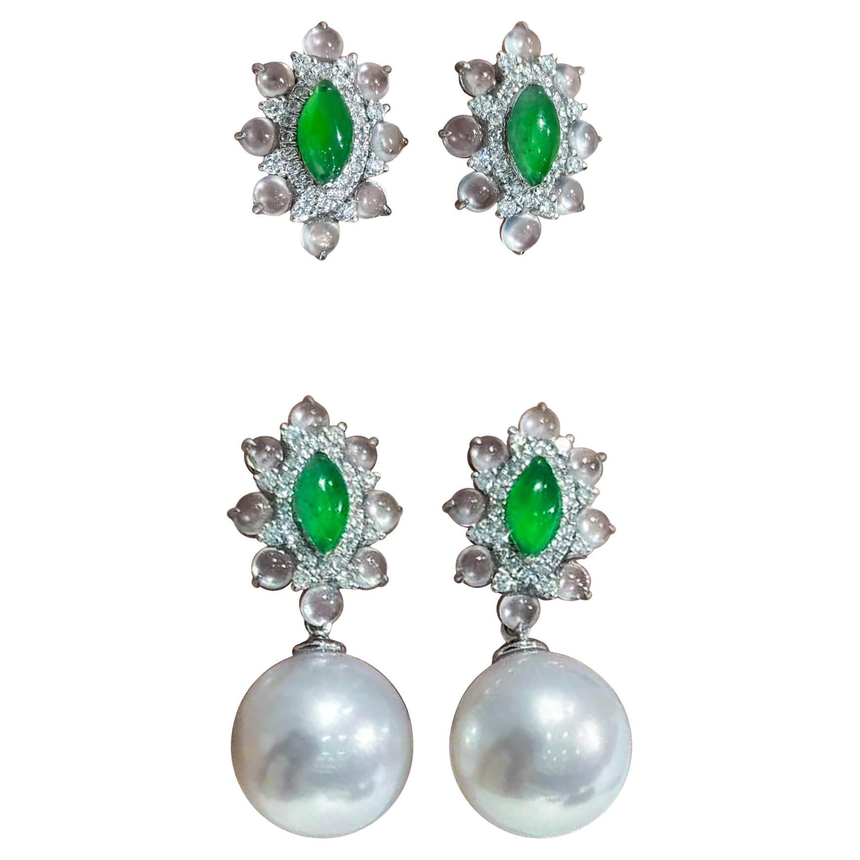 【Jādora】 - Boucles d'oreilles convertibles de type A en jadéite et perles des mers du Sud avec diamants