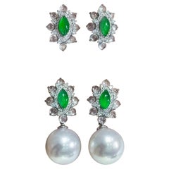 【Jādora】 - Boucles d'oreilles convertibles de type A en jadéite et perles des mers du Sud avec diamants