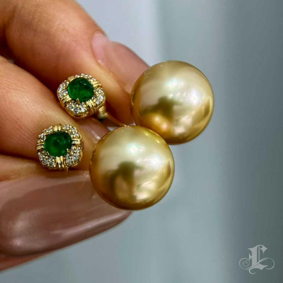 Women's 【Jādora】11mm Aurora South Sea Gold Pearl & Emerald Back Earrings For Sale