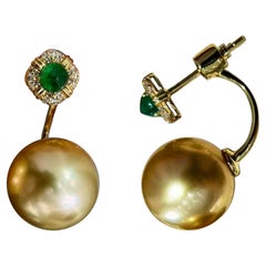 【Jādora】11mm Aurora South Sea Gold Pearl & Emerald Back Earrings