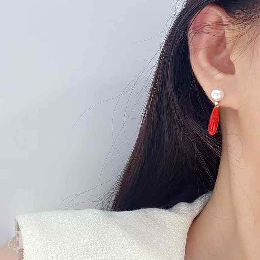 Non taillé 【Jādora】Aurora Akoya & Sardinian Coral Drop Earrings en vente