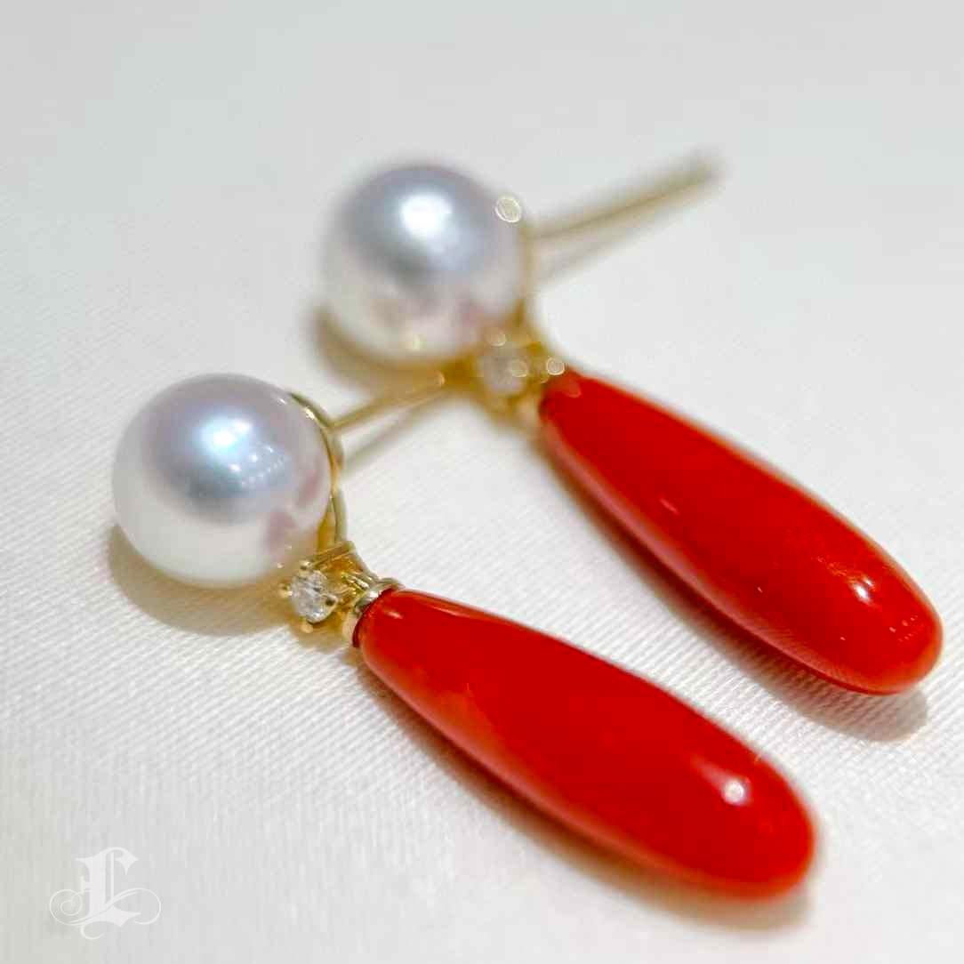 【Jādora】Aurora Akoya & Sardinian Coral Drop Earrings Pour femmes en vente