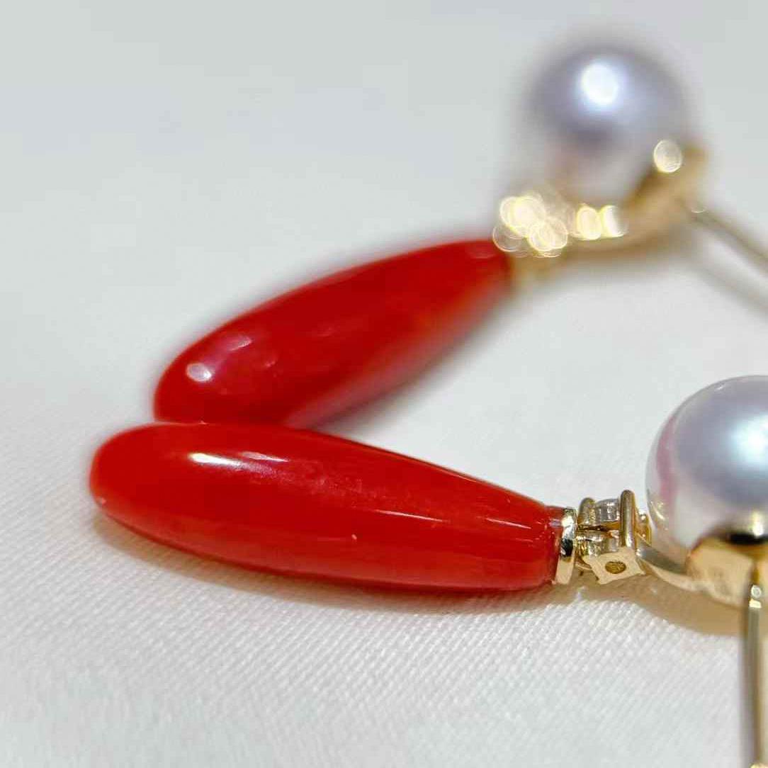 【Jādora】Aurora Akoya & Sardinian Coral Drop Earrings en vente 2