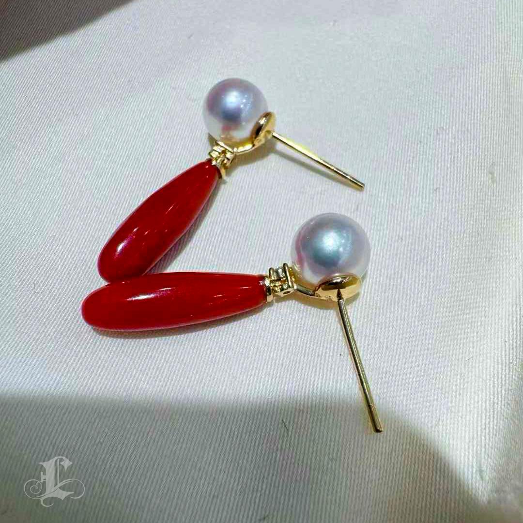 【Jādora】Aurora Akoya & Sardinian Coral Drop Earrings en vente 3