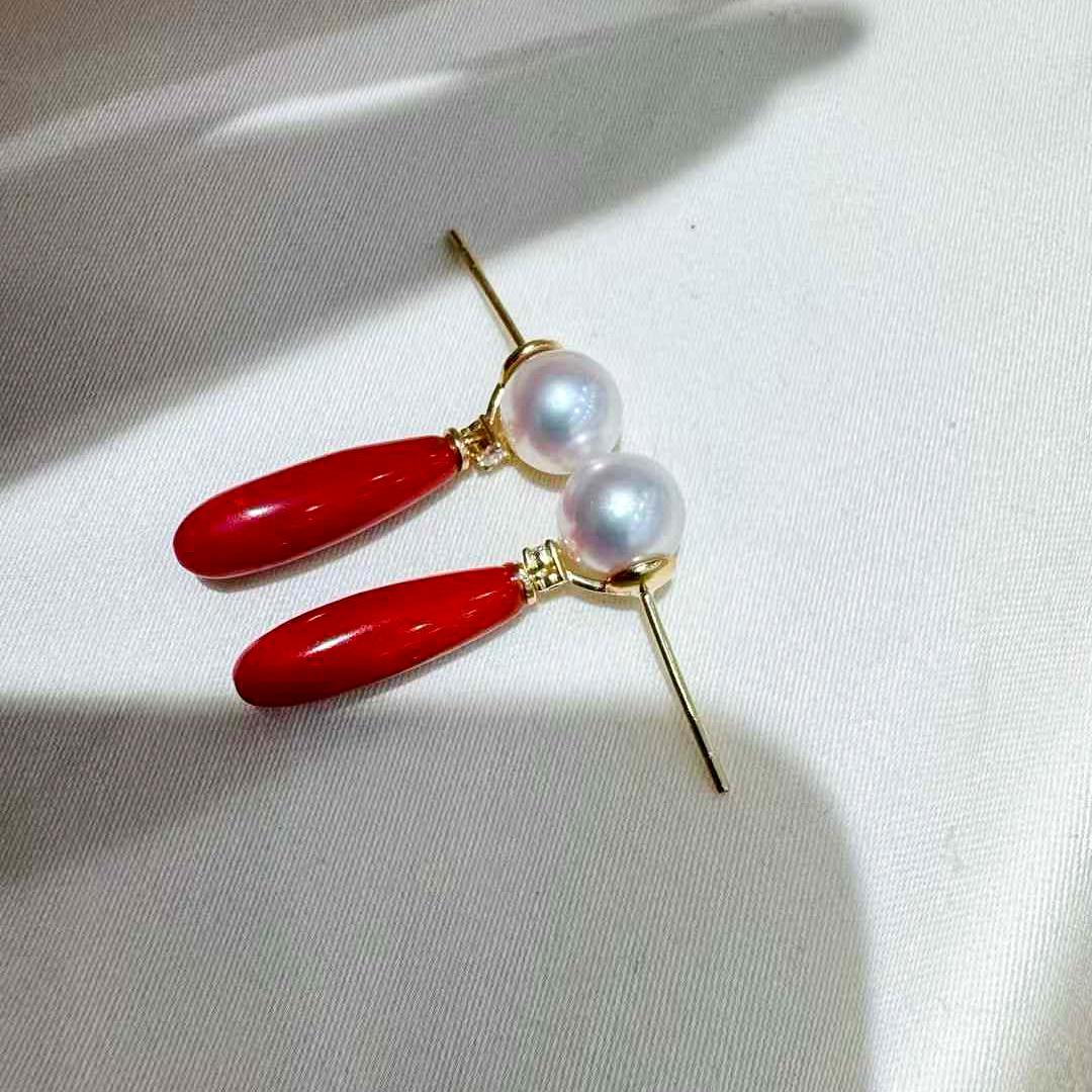 【Jādora】Aurora Akoya & Sardinian Coral Drop Earrings en vente 4