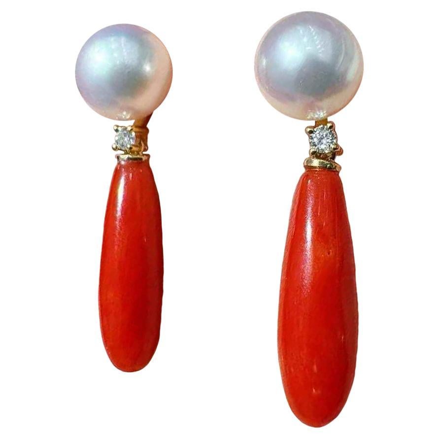 【Jādora】Aurora Akoya & Sardinian Coral Drop Earrings en vente