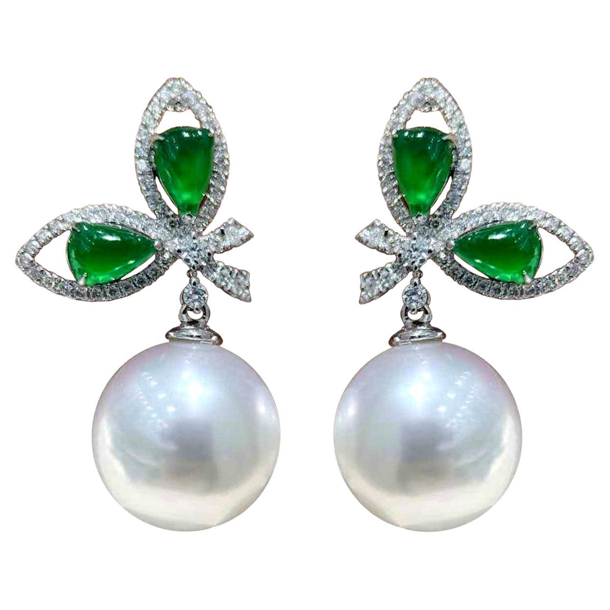 【Jādora】Celestial Jade Ribbon South Sea Pearl and Diamond Earrings For Sale