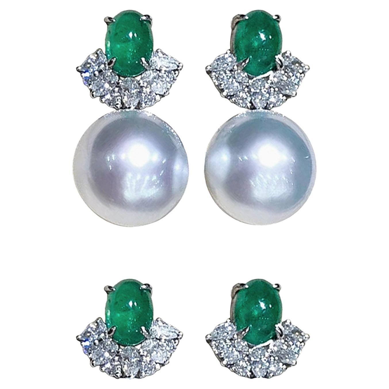 【Jādora】Konvertierbare 2-in-1 Krone-Smaragd Aurora Südsee Perle Diamant Ohrringe