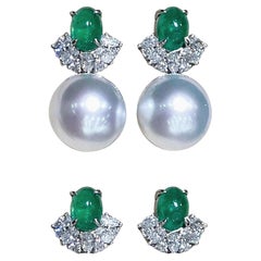 Orecchini di diamanti con perle dei mari del sud, convertibili 2 in 1, con smeraldo e aurora.