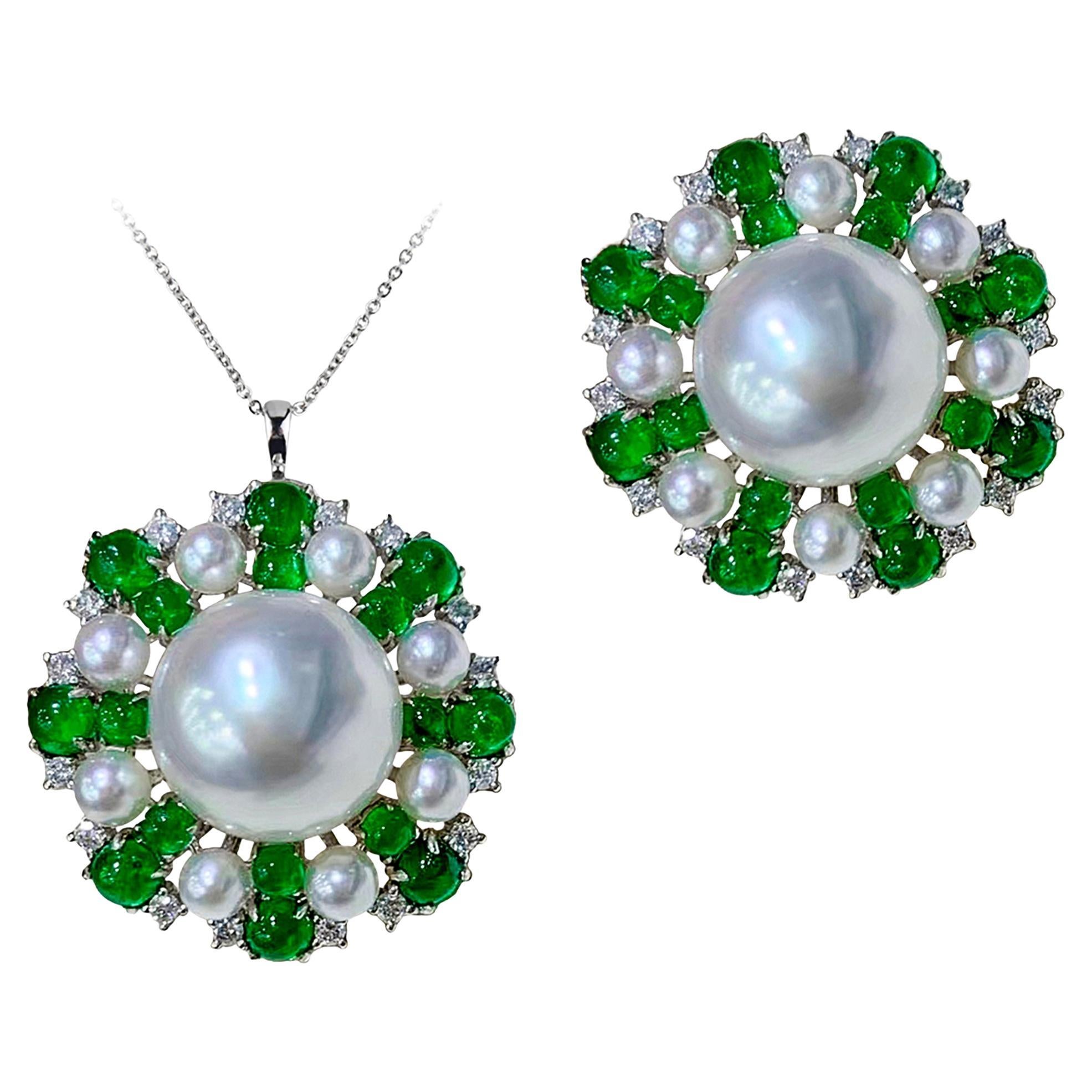 【Jādora】Convertible Emerald Halo South Sea Pearl Diamond Ring Pendentif