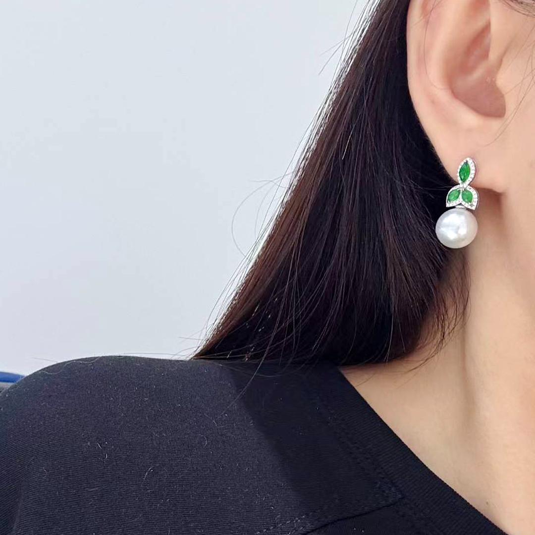 【Jādora】Dewleaf Jade & Diamant Südsee Perlen Ohrringe (Ungeschliffen) im Angebot