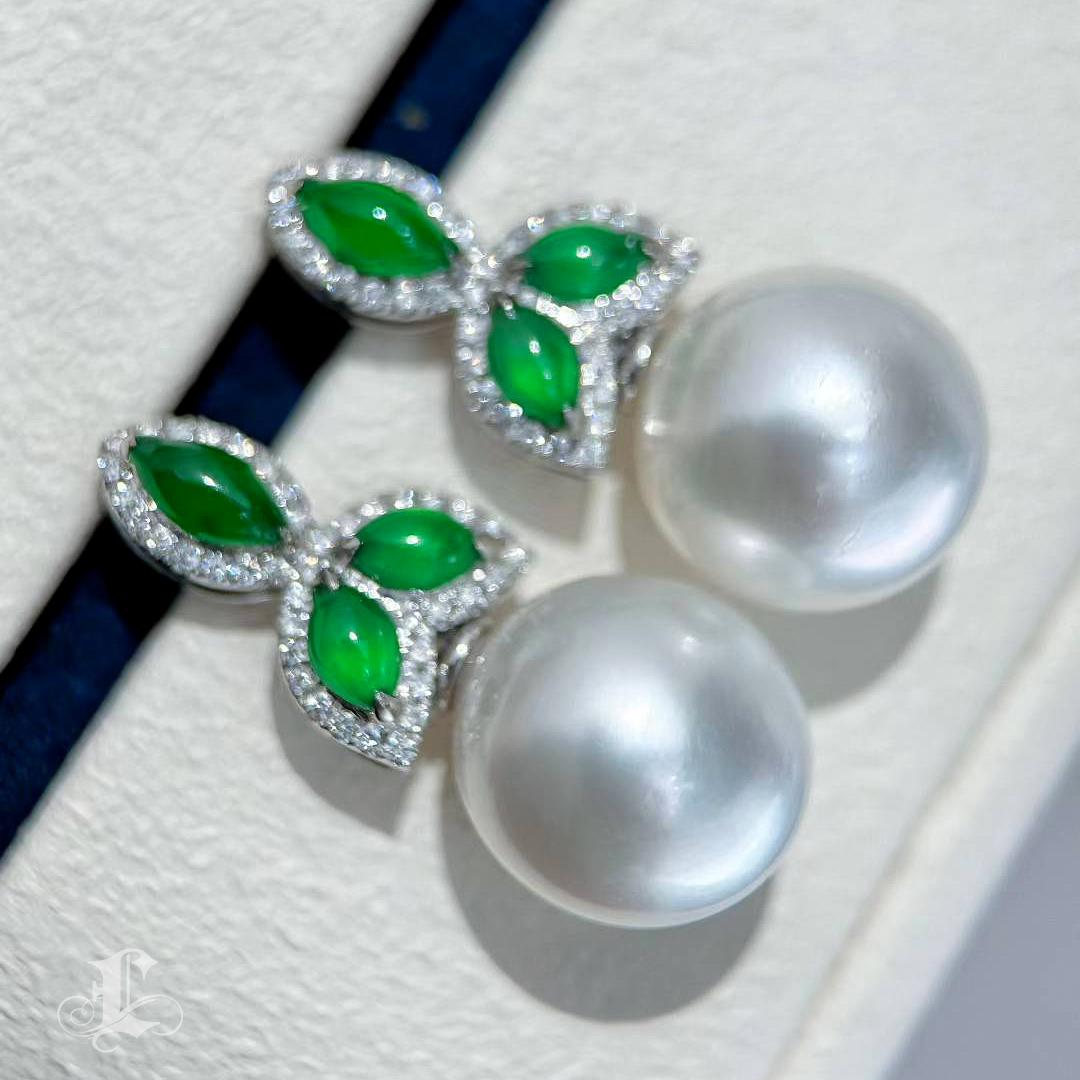 【Jādora】Dewleaf Jade & Diamant Südsee Perlen Ohrringe im Zustand „Neu“ im Angebot in New York, NY