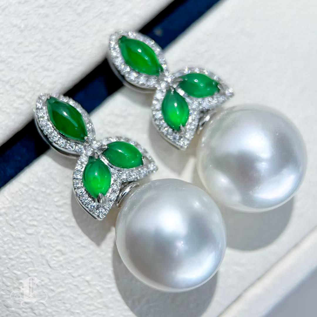【Jādora】Dewleaf Jade & Diamant Südsee Perlen Ohrringe Damen im Angebot