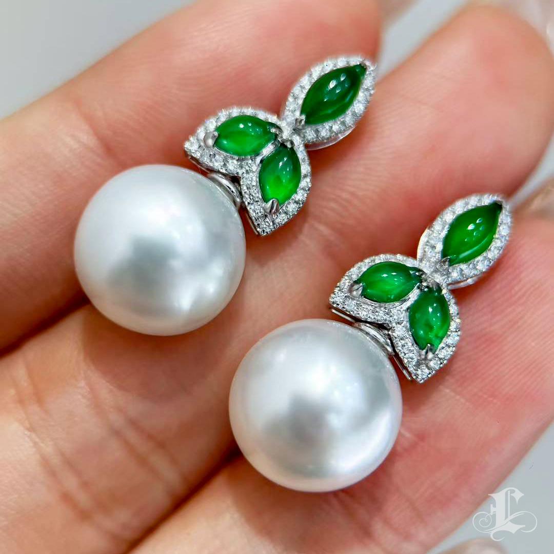 【Jādora】Dewleaf Jade & Diamant Südsee Perlen Ohrringe im Angebot 2
