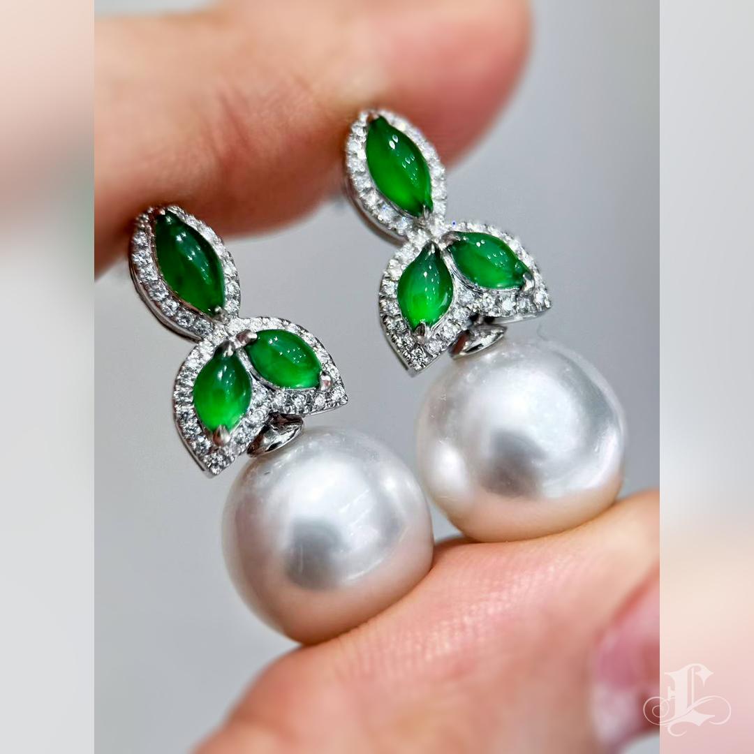 【Jādora】Dewleaf Jade & Diamant Südsee Perlen Ohrringe im Angebot 3