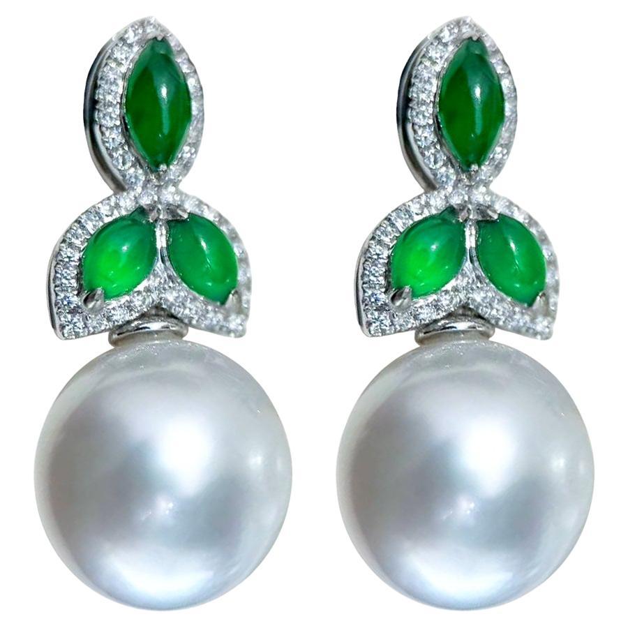 【Jādora】Dewleaf Jade & Diamant Südsee Perlen Ohrringe im Angebot