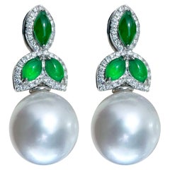 【Jādora】Dewleaf Jade & Diamond South Sea Pearl Earrings