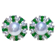 【Jādora】Emerald Halo Aurora South Sea Pearl Diamond Statement Earrings