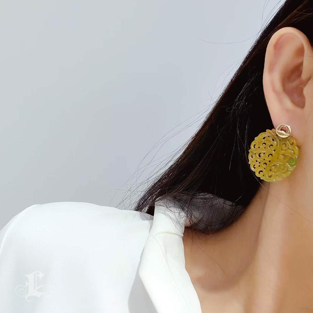 Uncut 【Jādora】Golden Harmony Type A Jadeite & 18K Gold Earrings For Sale