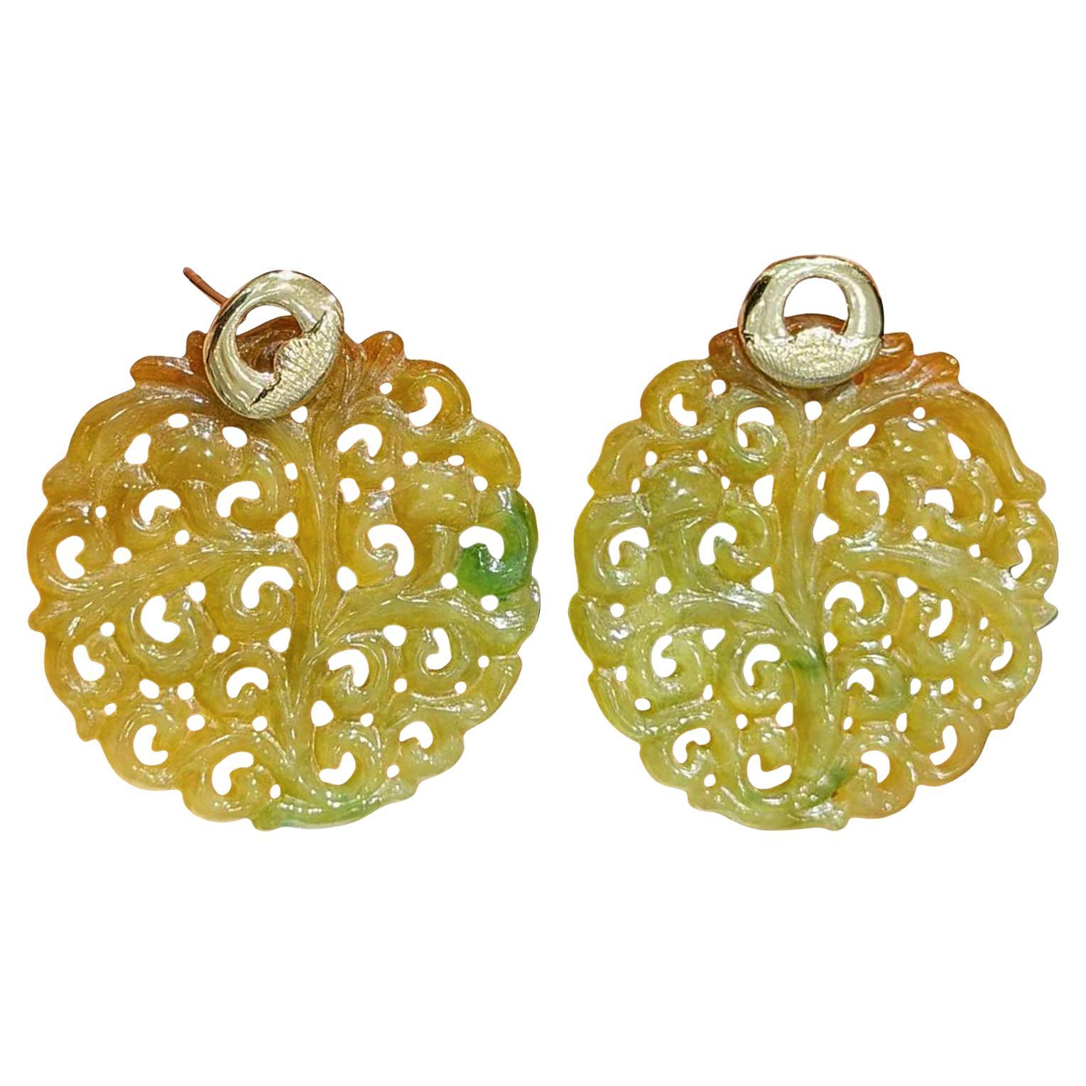 【Jādora】Boucles d
oreilles Golden Harmony de type A en jadéite et or 18 carats