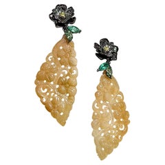 【Jādora】Golden Jade Blossom & Emerald Leaf Earrings