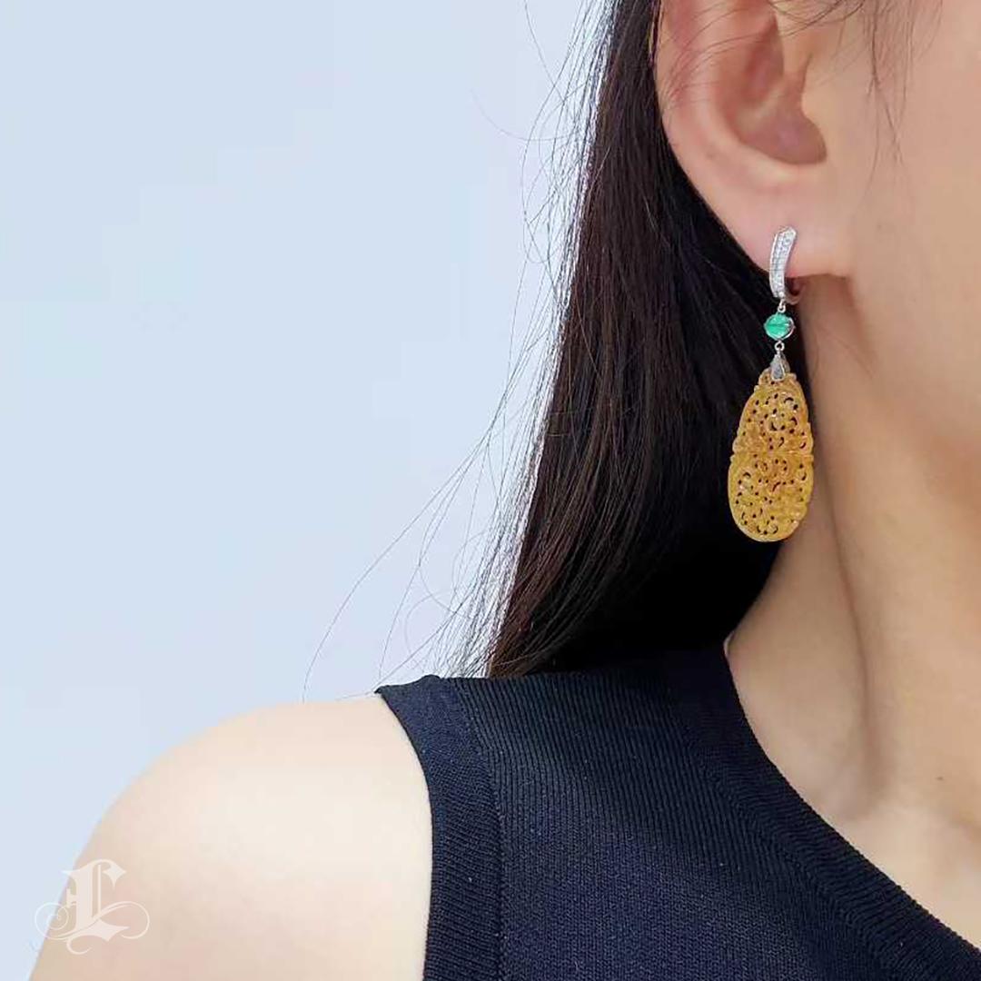 Uncut 【Jādora】Golden Radiance Burmese Jadeite Emerald Diamond Earrings For Sale