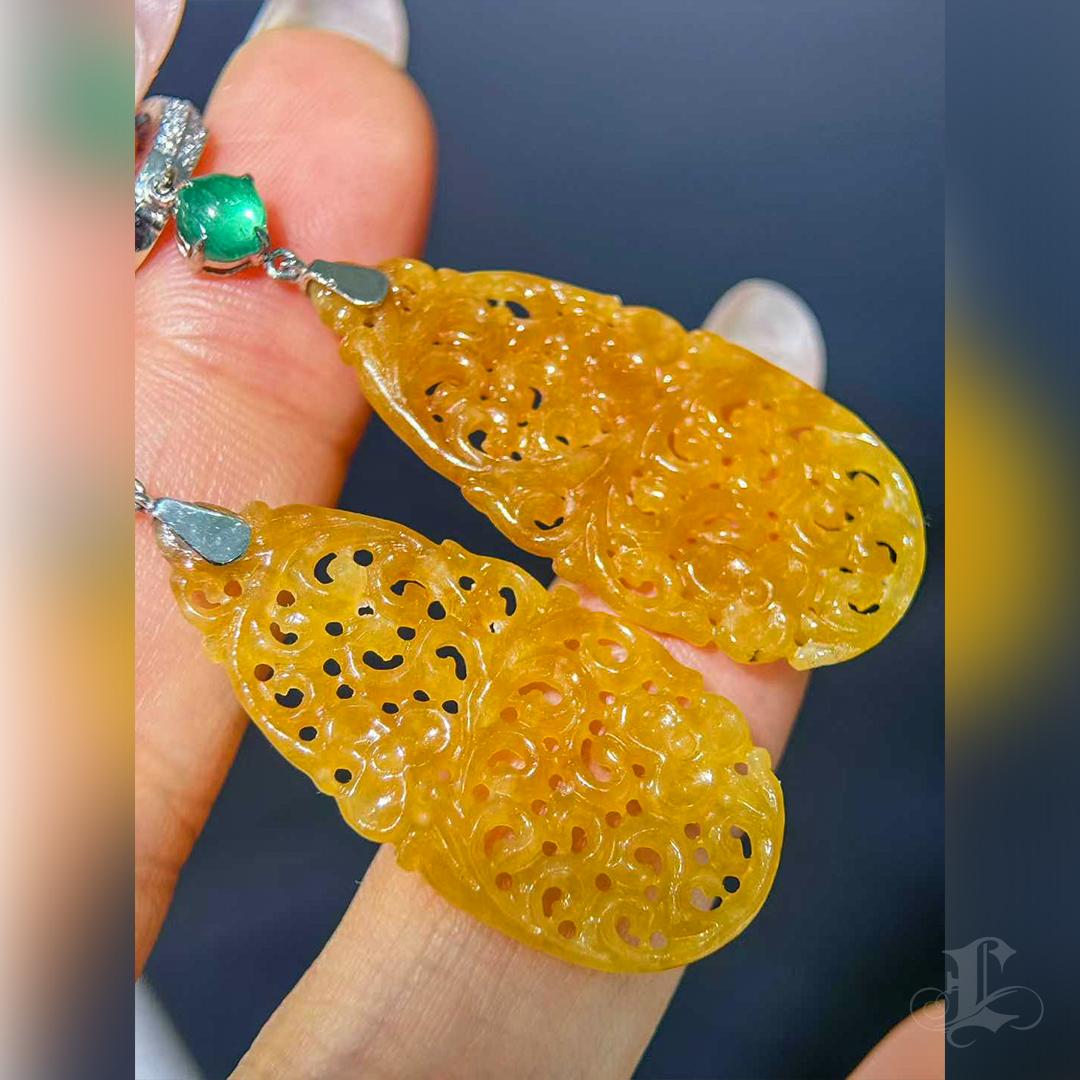【Jādora】Golden Radiance Burmese Jadeite Emerald Diamond Earrings For Sale 1