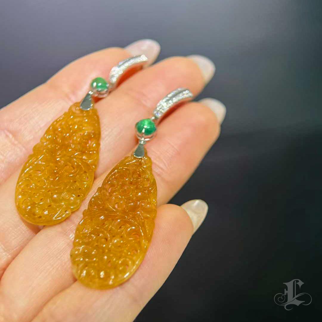 【Jādora】Golden Radiance Burmese Jadeite Emerald Diamond Earrings For Sale 2