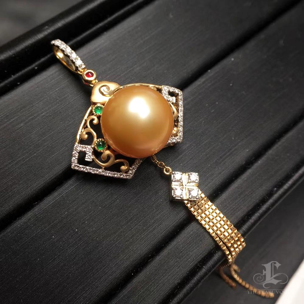 【Jādora】Golden South Sea Pearl Emerald Tassel Pendentif Pour femmes en vente