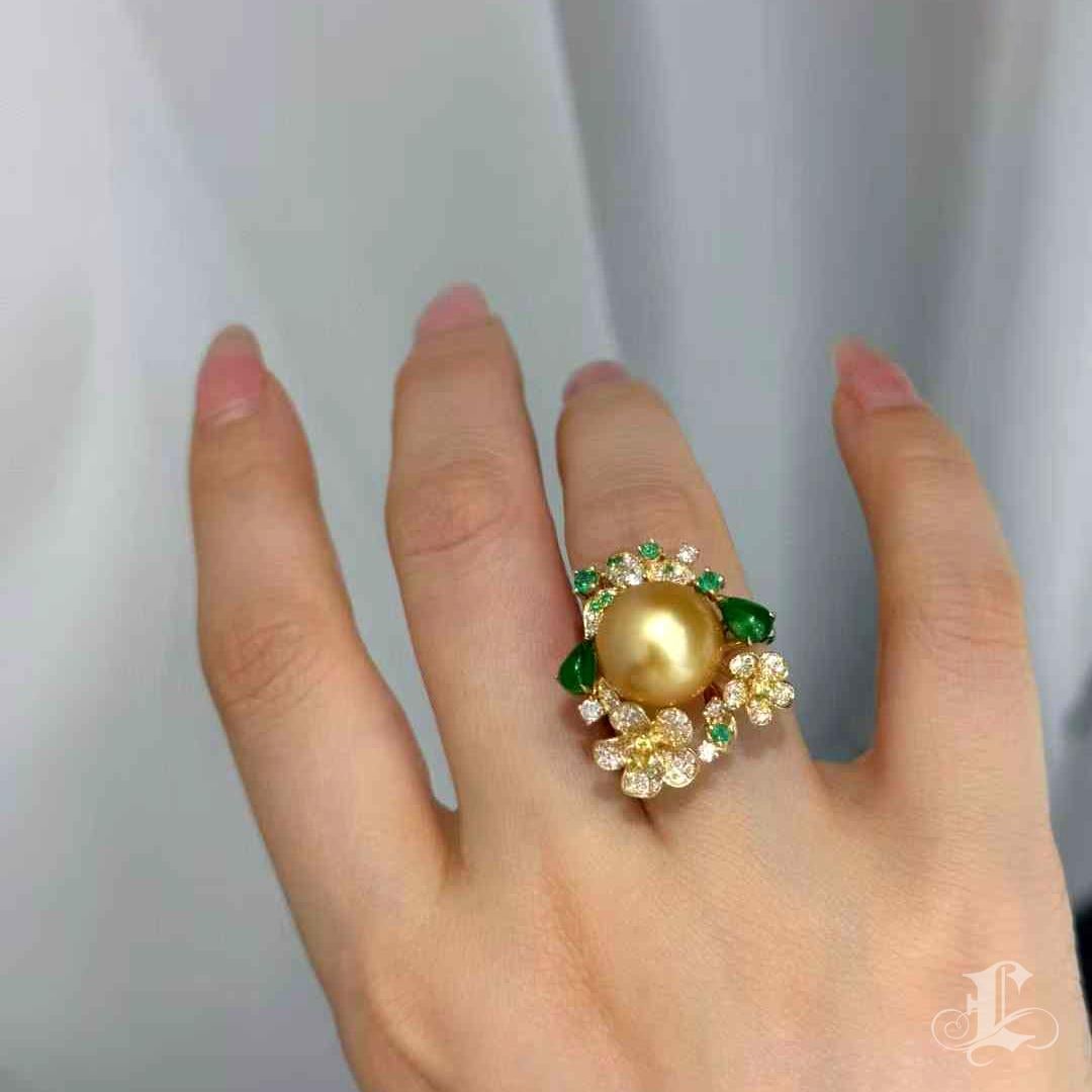 Uncut 【Jādora】Imperial Blossom South Sea Pearl, Jadeite & Emerald Ring For Sale