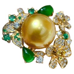 【Jādora】Imperial Blossom South Sea Pearl, Jadeite & Emerald Ring