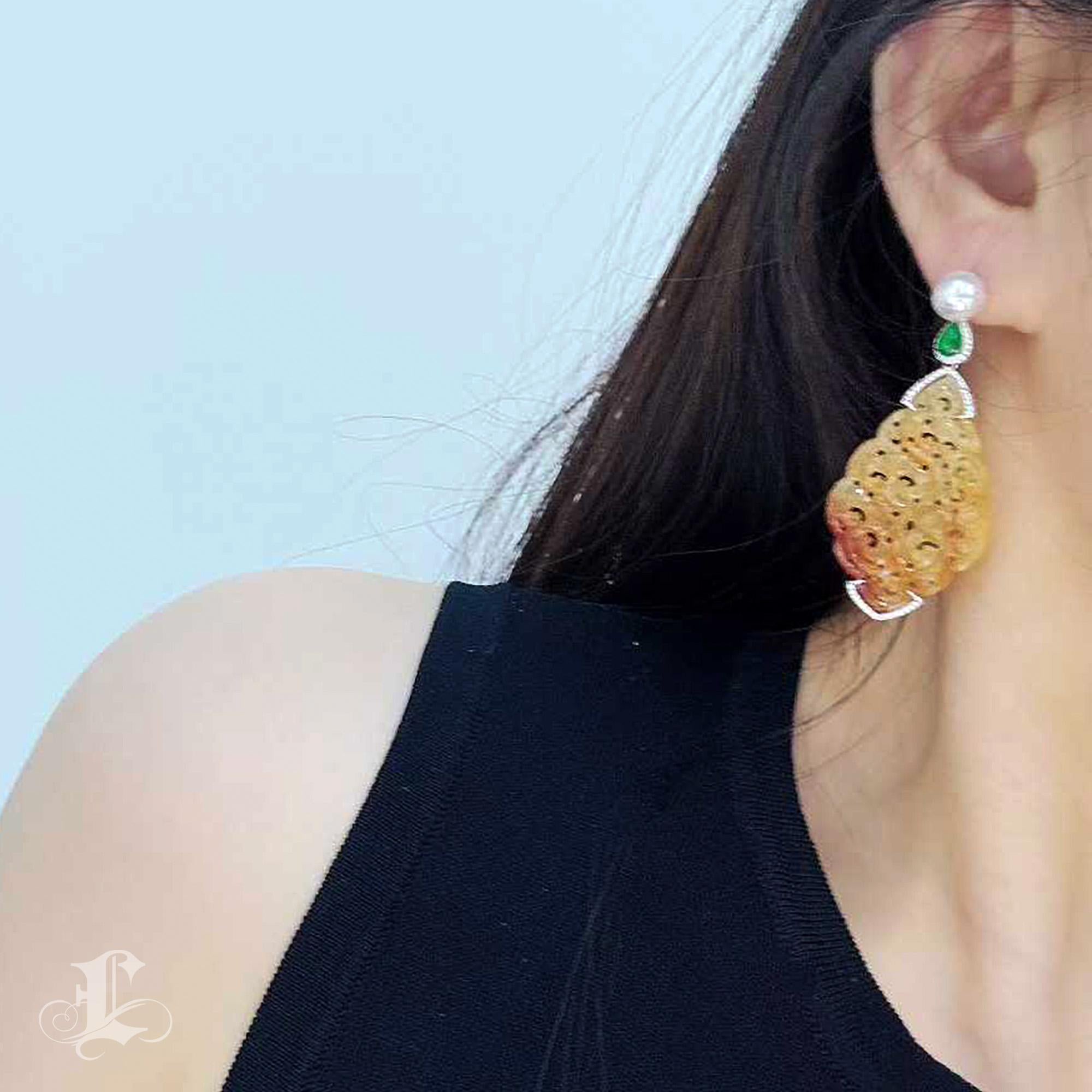 【Jādora】Pendientes de perlas de jadeíta amarilla tipo A de brillo imperial Sin cortar en venta